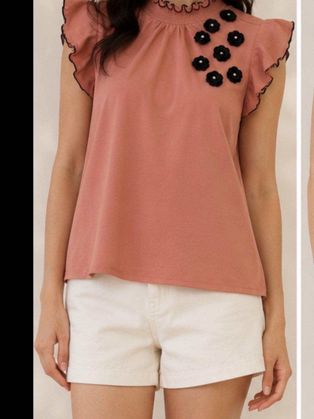 Adrienne Vittadini Dusty Rose Flutter Sleeve Top with Black Floral Appliqués
